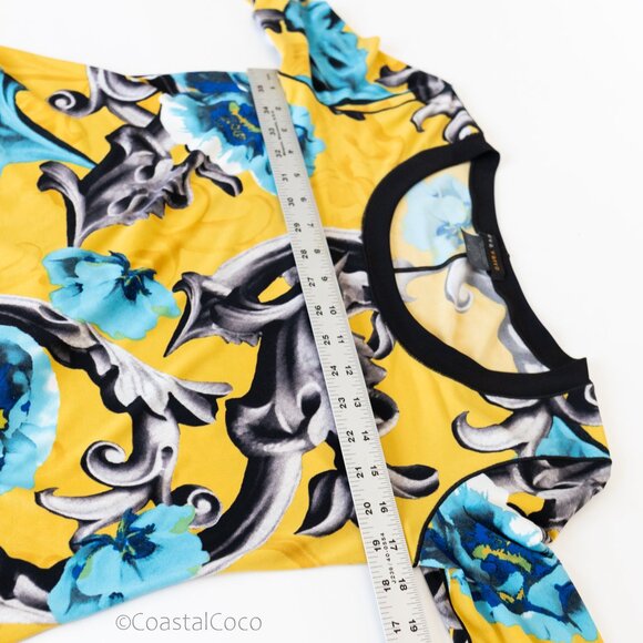 Eva Varro Floral Asymmetric Tunic M Top Yellow Stretch Boho Artsy Flowy Holiday - Picture 6 of 9